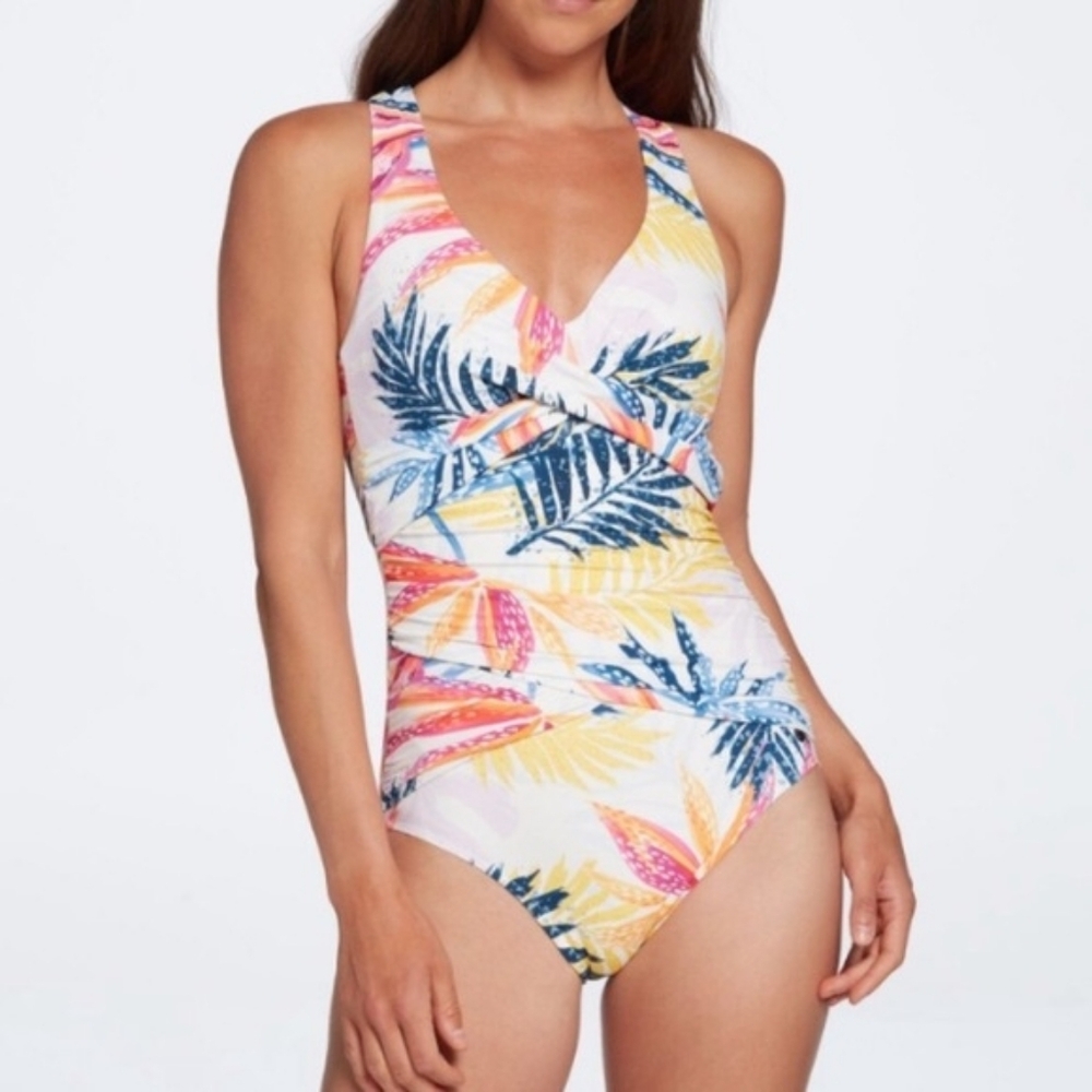 NEW CALIA Power Sculpt One Piece Swimsuit Tropical Watercolor Palms Size 16
